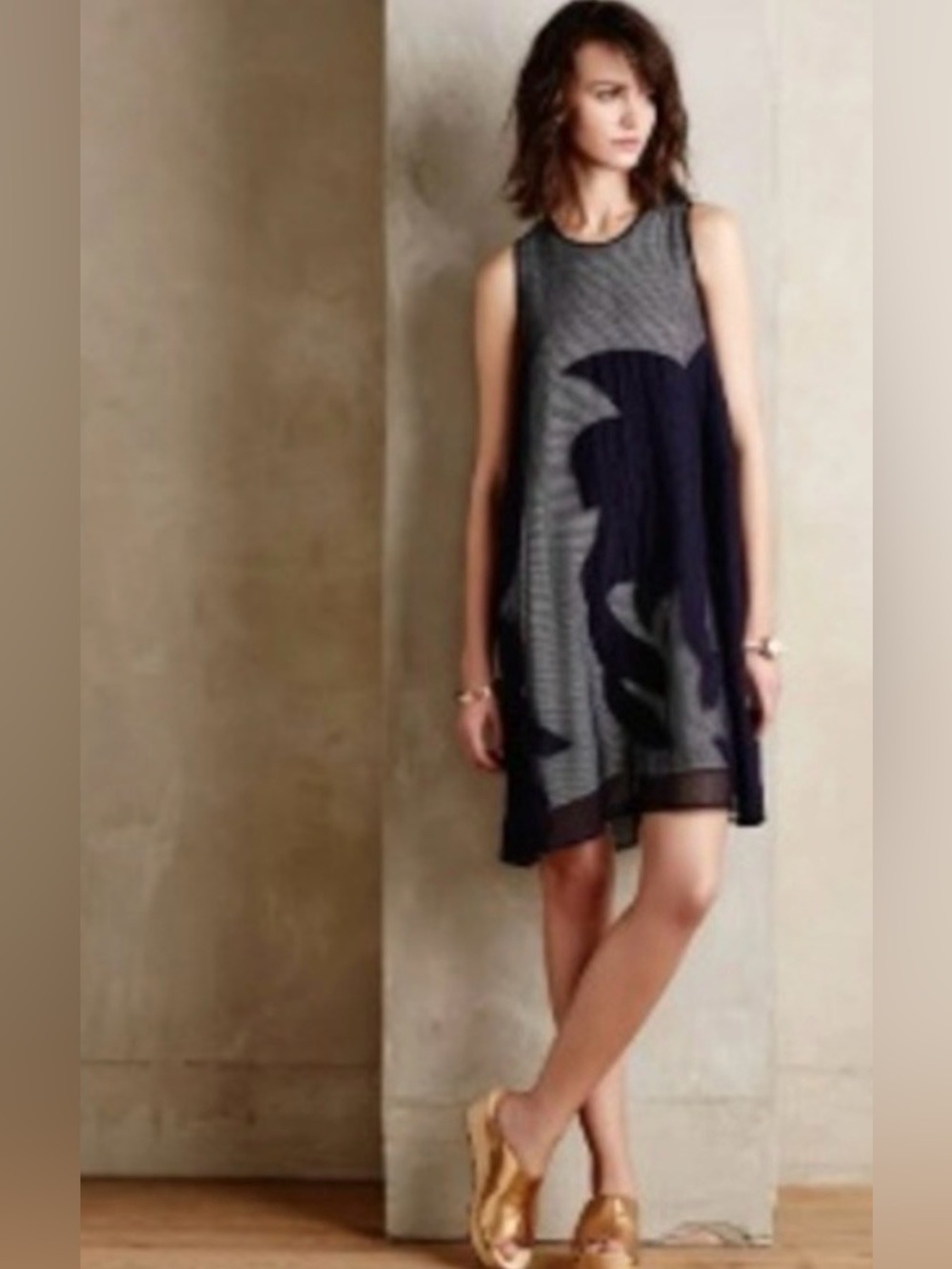 Anthropologie Hutch Navy Windowpane Mesh Appliqué Shift Dress Petite Small